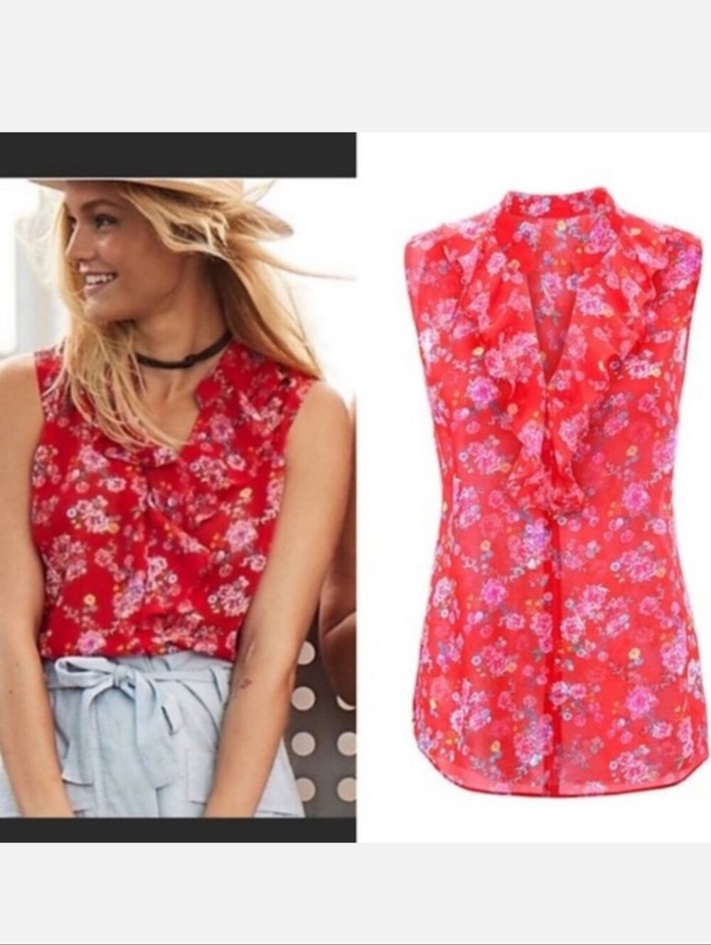 CAbi Red Floral Sleeveless Ruffle Blouse Women's Size M